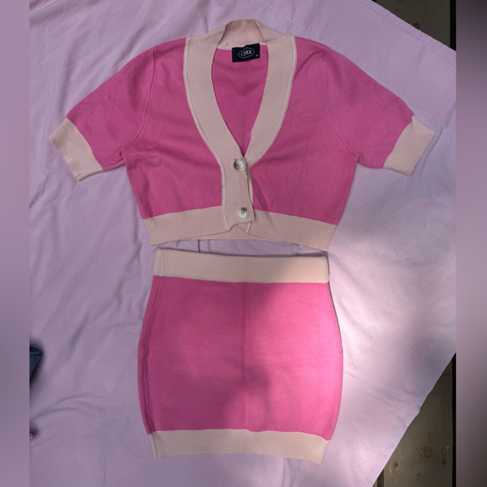 Pink Two-Piece Knit Set with Cream Trim